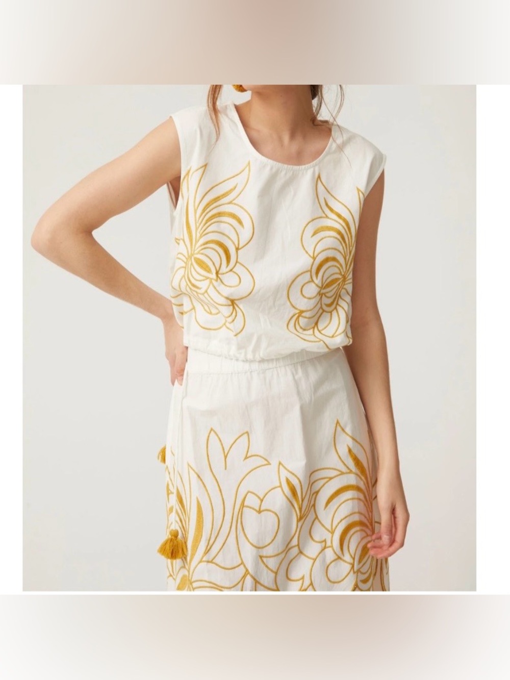NWT Avec Les Filles Floral Drawstring-Hem Top & Matching Midi Skirt Set Size XL